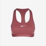 Burgunderroter Nike-Sport-BH mit Racerback-Design und weißem Nike-Swoosh-Logo auf der Vorderseite, dargestellt vor einem schlichten weißen Hintergrund.